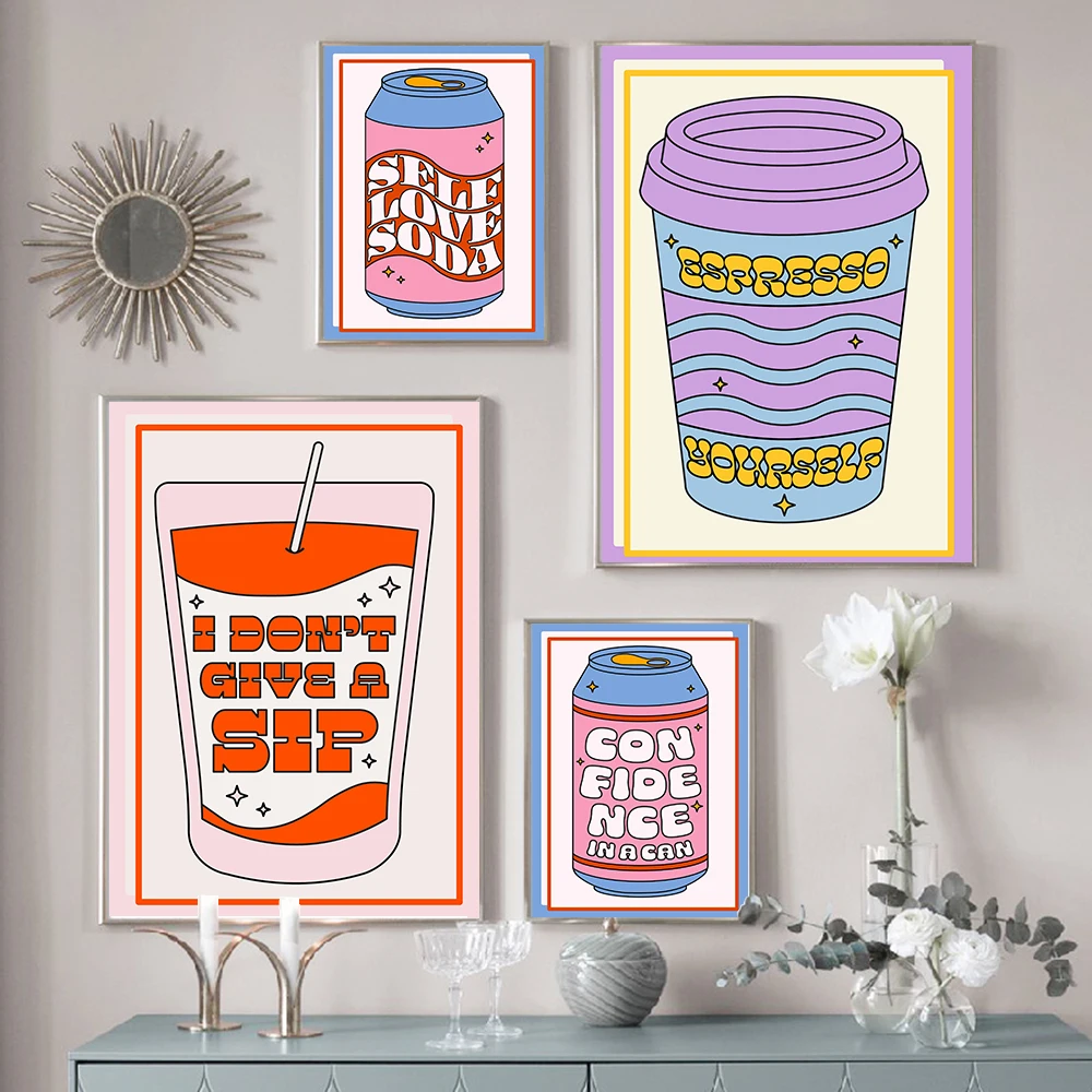 Drink Cans Art Inspirational Funky Retro Poster Cartoon Espresso Coffee Lover Color Kitchen Wall Canvas Painting Room Home Decor