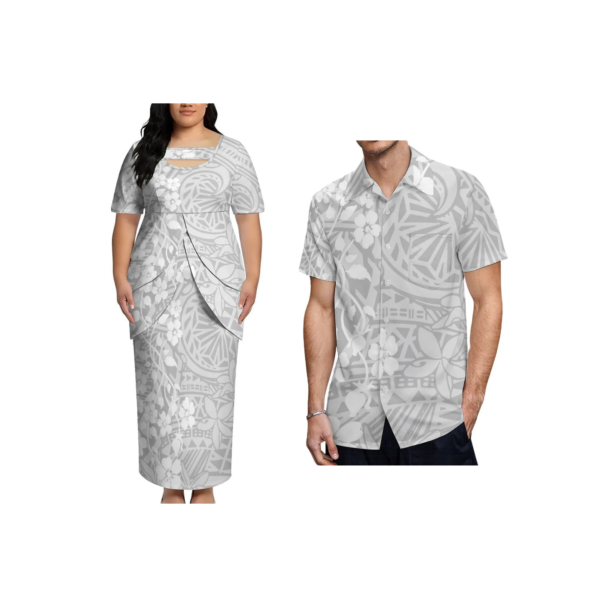 

New Arrival Polynesian Tribal Print White Sunday Dress for Women Custom Print Tongan Puletasi Two Piece Dress