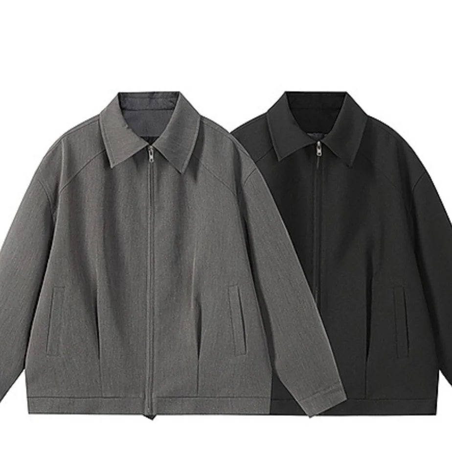 Men's Vintage Jacket Heavyweight Black Cotton Zip-Up Coat with Lapel Collar Casual Commuting Jacket for Spring Fall
