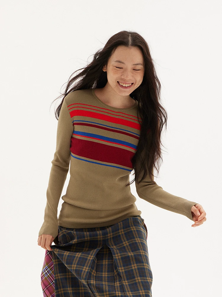 

Оригинальный цветной вязаный свитер, женский круглый ретро-свитер Ne, повседневный, облегающий, с высокой талией, осенний длинный свитер для поездок на работу...