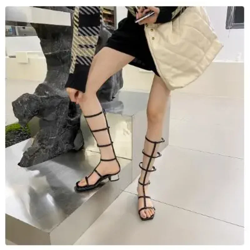 Sandales romaines Sexy pour femmes, nouvelles bottes européennes et américaines à talons grossiers rétro, hautes et Cool, 2025 2024