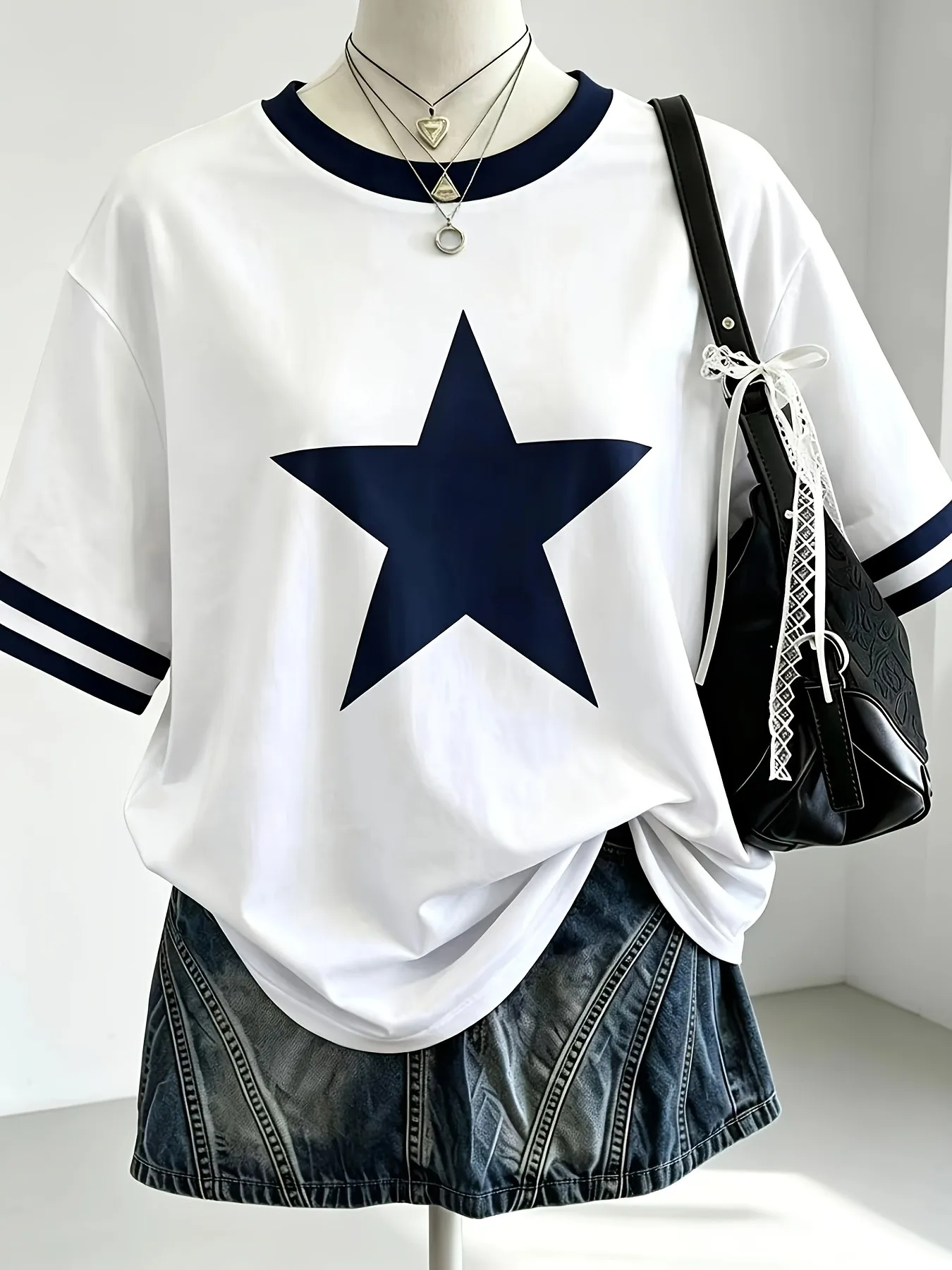 2026 summer popular street casual fashion comfortable 3D five-pointed star pattern printed women's round neck T-shirt