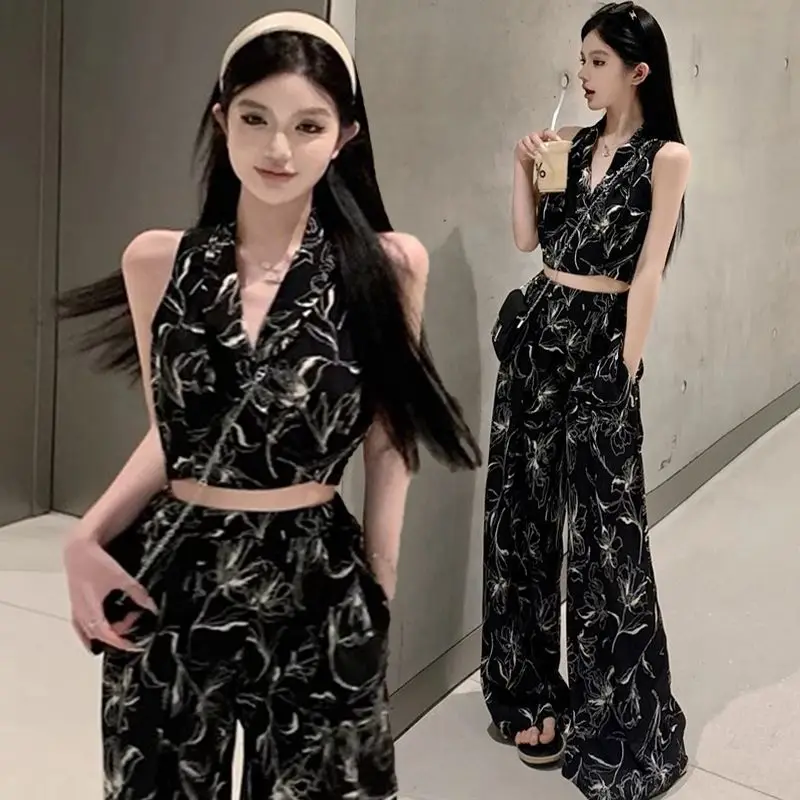 2-Piece Set Casual Slim Print Crop Top Trousers Suit Wide-Leg Pants Outfit Female Clothes 2024 New Arrival