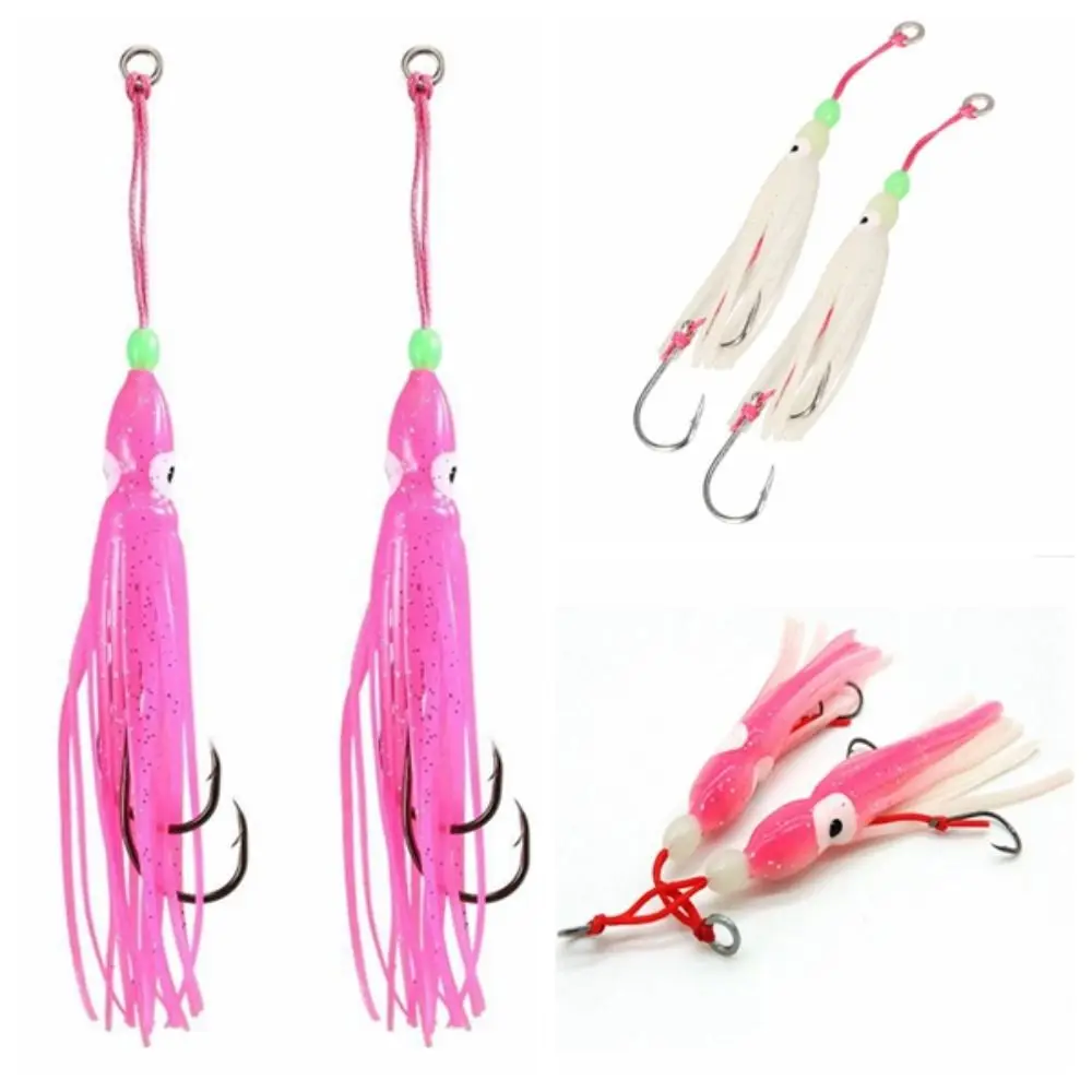 2pcs 6cm/10cm/12cm Squid Skirt Lure Double Barbed Hook Soft Lures Squid Snapper Jig Hook Silicone Luminous Beads