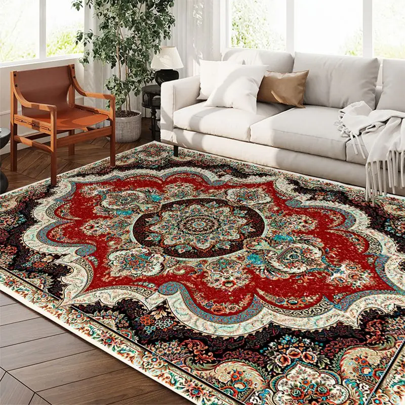 VIKAMA Boho Vintage Persian Floral Large Rug Red Ornate Print Non Slip Stain Resistant Mat Living Bedroom Decor