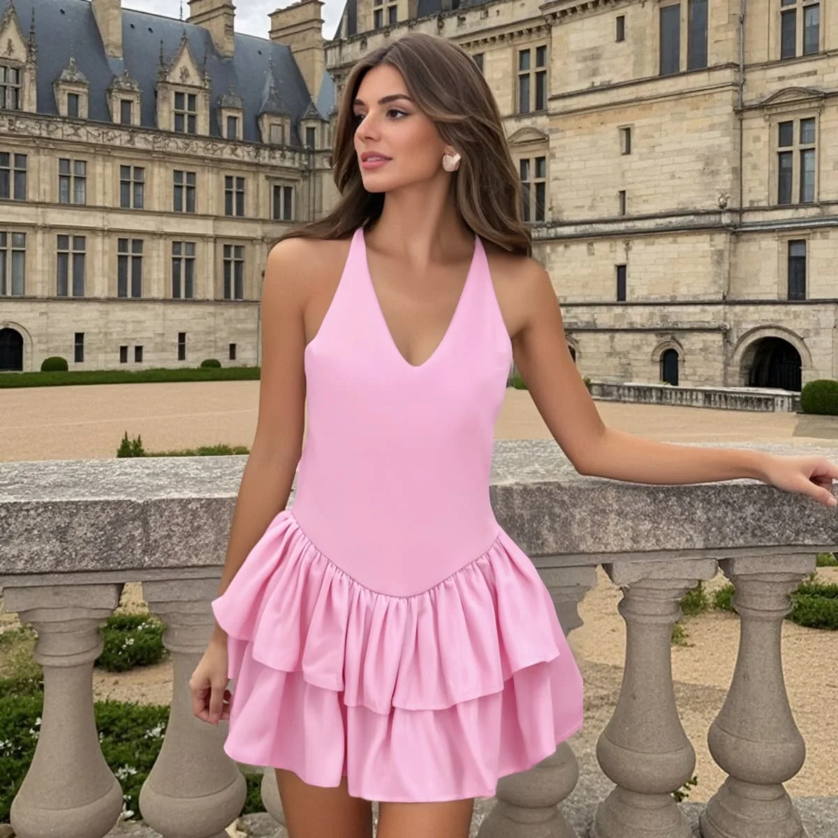 

2025 Myst&Za Women's Summer New Dress Hanging Neck Collar Stacked Decorative Splicing French Style Mini Puff Skirt