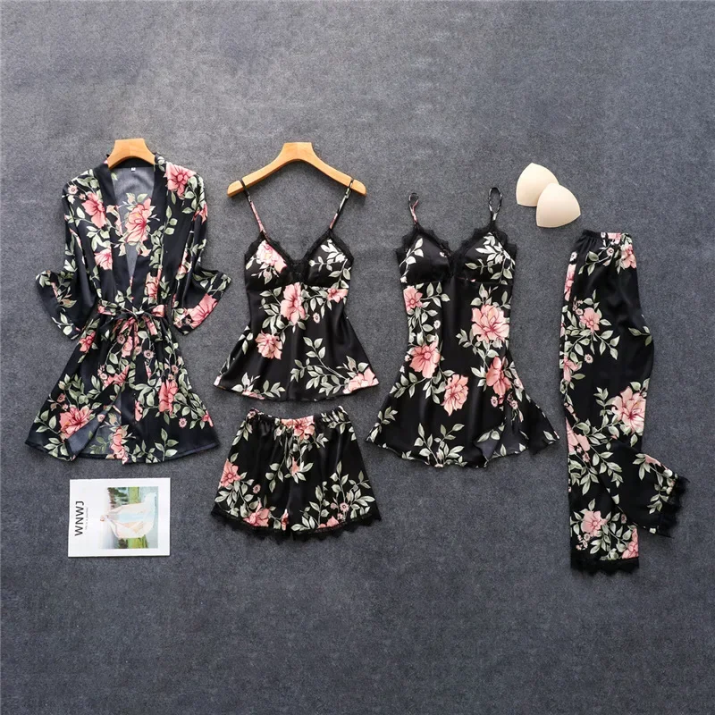 Pink Pajamas Sets Womens Strap Top Pants Sleepwear Suit Spring Autumn Home Wear Nightwear Kimono Robe Bath Gown M-XXL