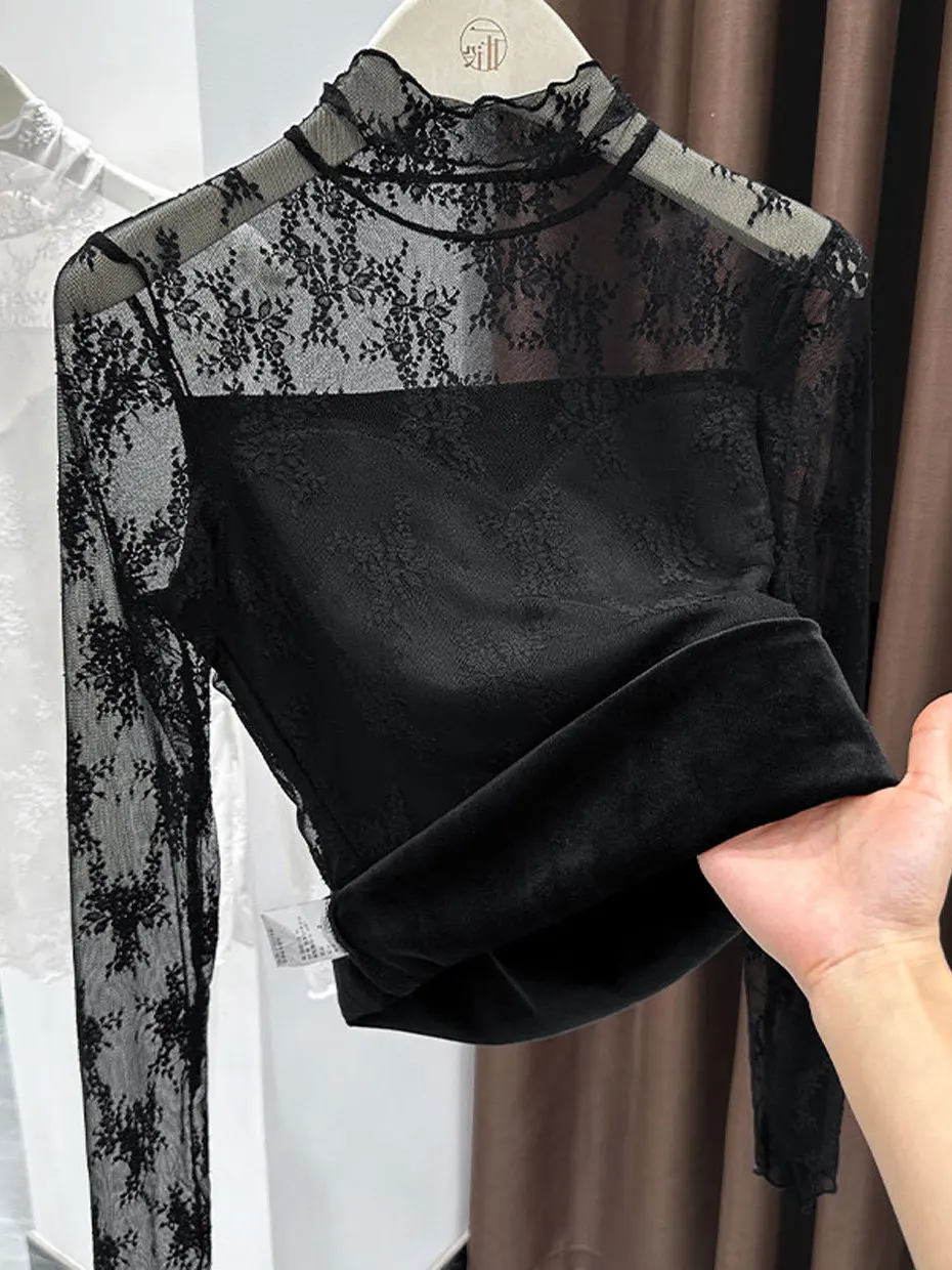 

Elegant Lace Fleece Lined Slim Fit Half High Collar Black Base Shirt for Women New 2025 Design Autumn Winter Fashion Top