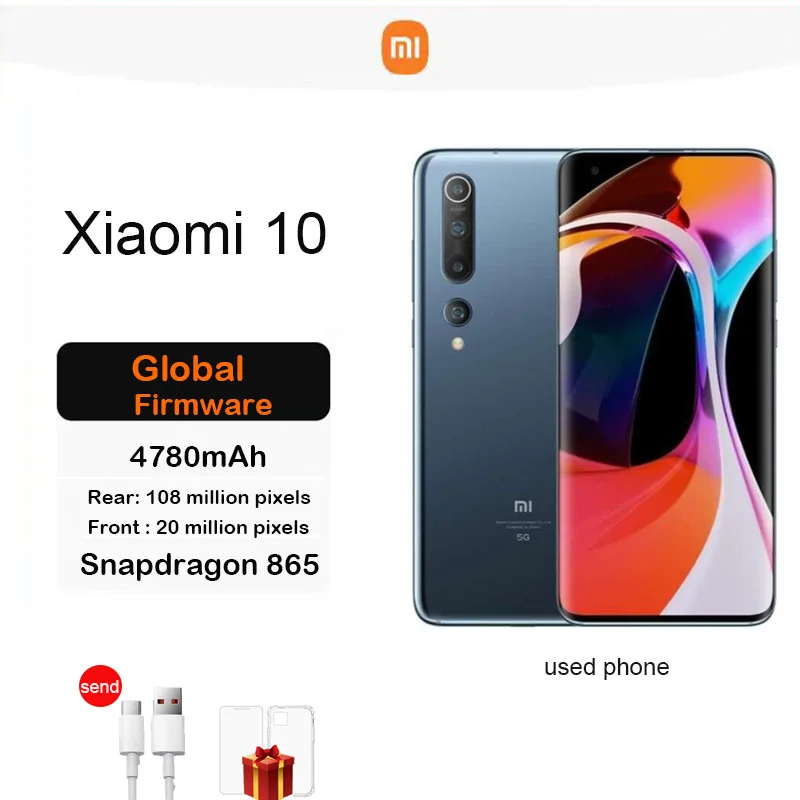 Global Firmware Xiaomi 10 Smartphone 5G 4780mAh No charger Qualcomm Snapdragon865 108mp 6.67inch 470px used phone