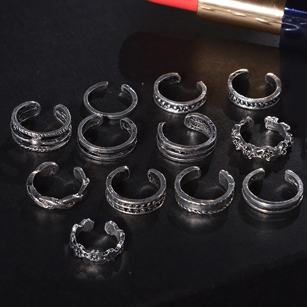 12pcs Fashion Simple Retro Carved Adjustable Toe Ring Foot Women Jewelry (Silver) Women toe ring Foot jewelry