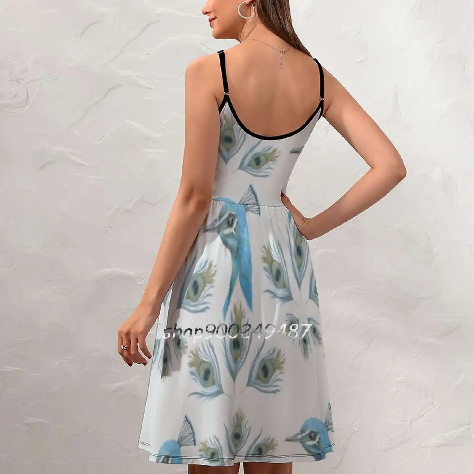 Peacock Sling Dress Women Summer Printing Condole Belt Dresses Peacock Pfauenfeder Feather