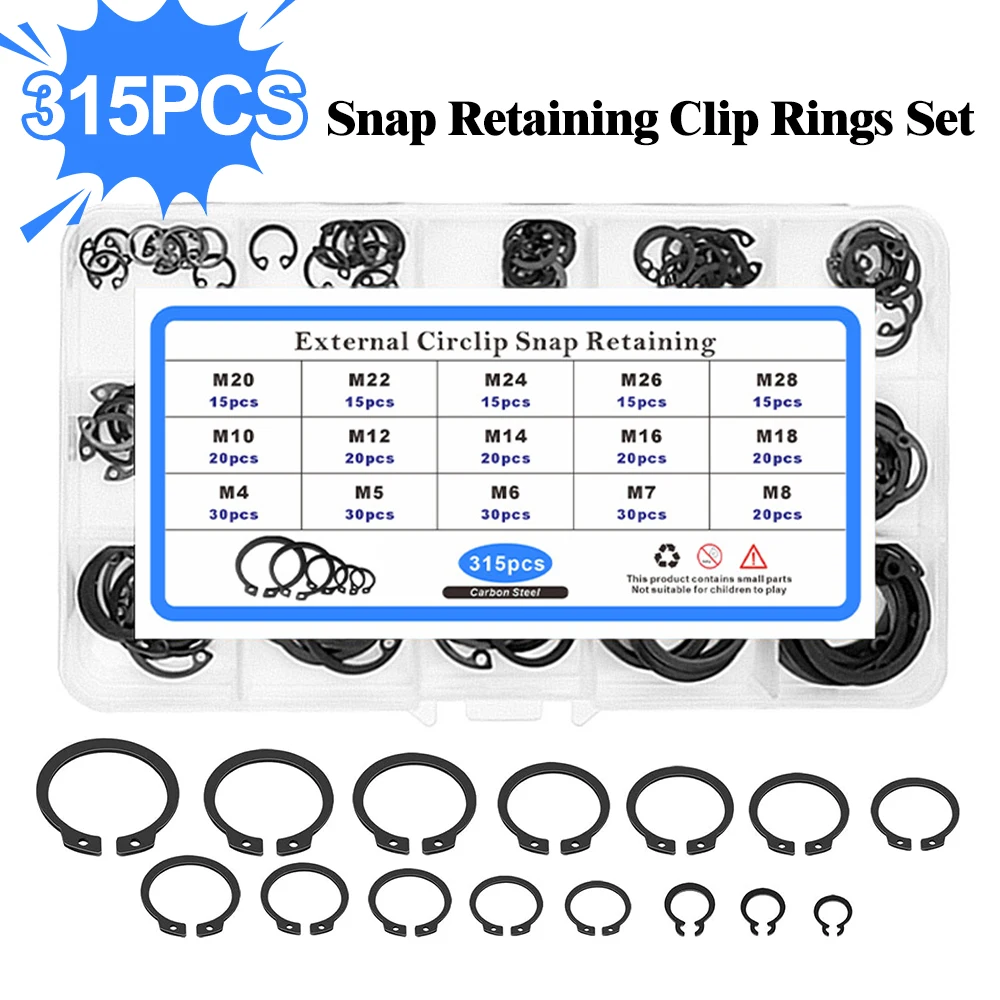 315Pcs Snap Ring Shop Assortment Alloy Steel Snap Rings 15 Sizes External Circlip Snap External Retaining C-Clips Rings Set