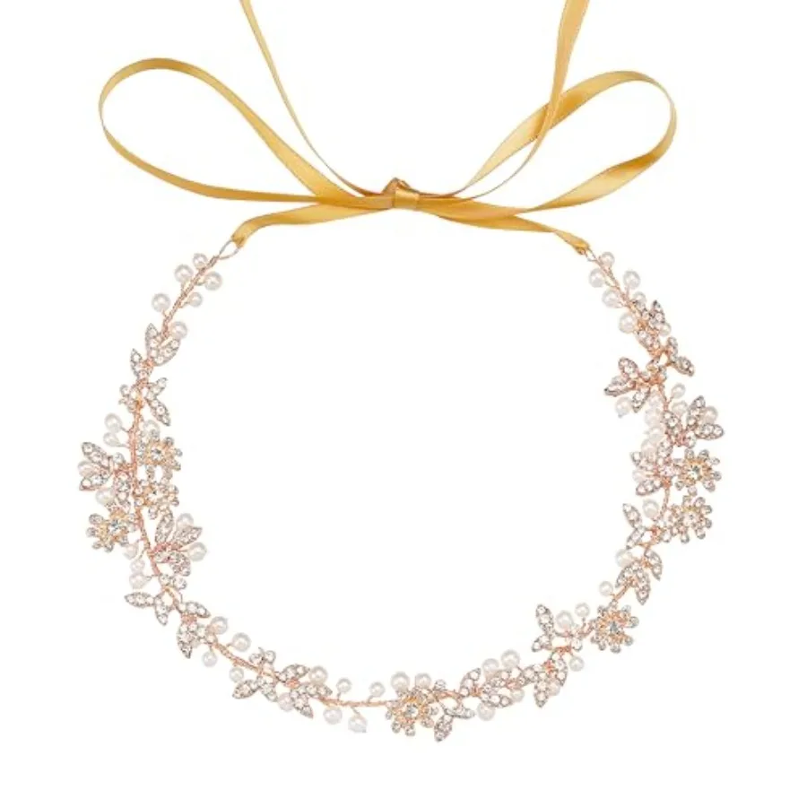 

Gold Leaves and 9-Petal Crystal Flowers Pearls Bridal Hair Vine, 12.7" Handmade Wedding Headpiece, Flexible Bridal Headband wit