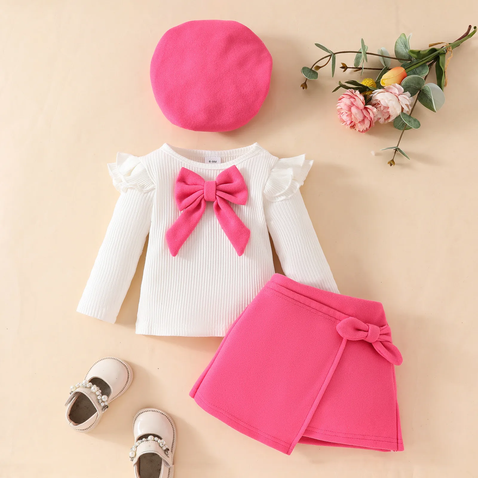 Baby Girls Outfit Solid Color Set 0-3Y Long Sleeve Big Bow Top Irregular Skirt and Beret 3Pcs Toddler Infant Christmas Clothes