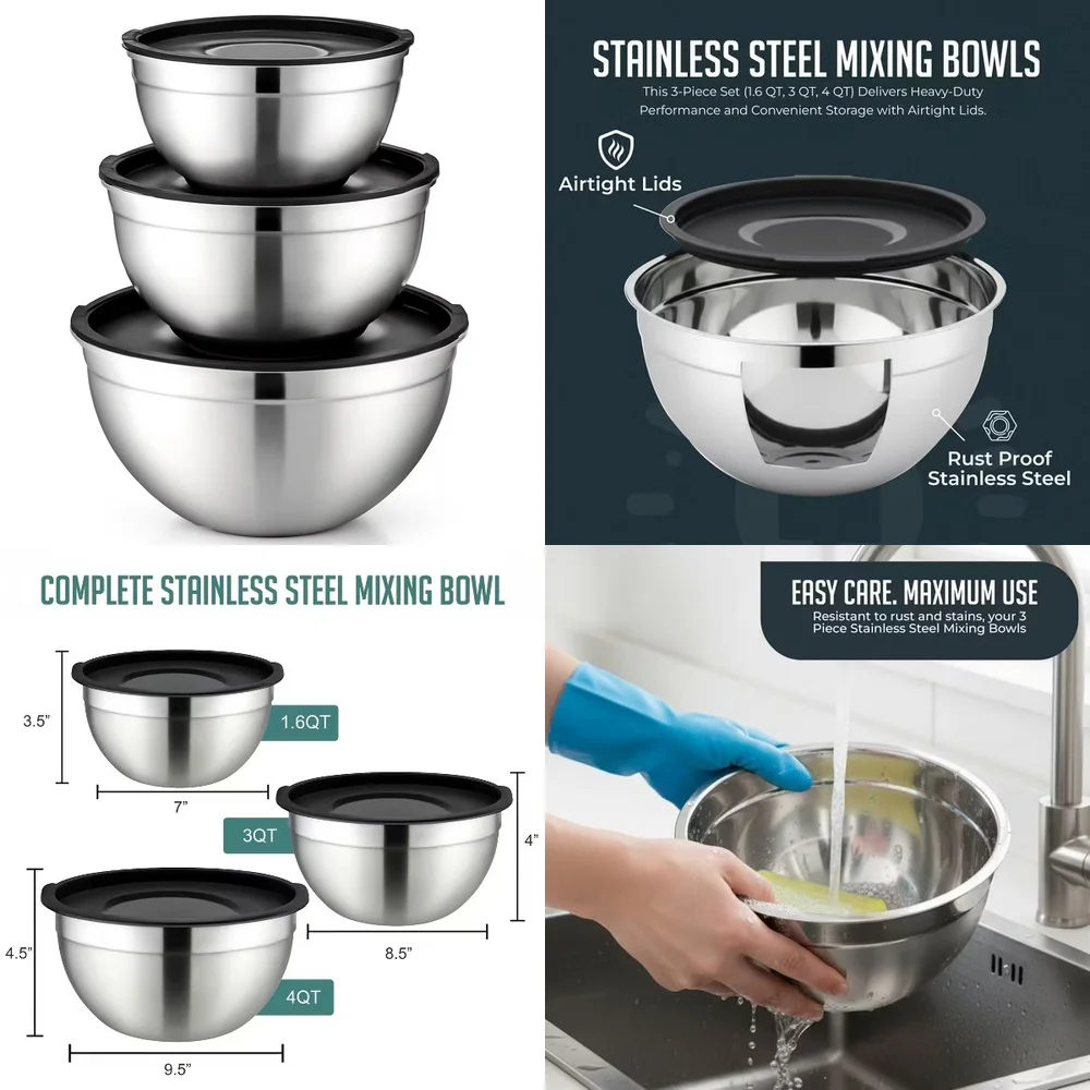 

Stainless Steel Mixing Bowls with Lids 3 Piece Set Non Slip Non Rust Durable Kitchen Storage Containers for Home Cooking Baking