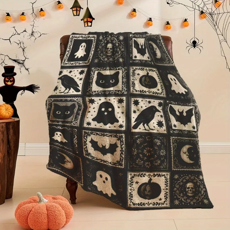 1 piece of soft flannel Halloween patchwork blanket - black and white ghost bat pumpkin witch hat pattern - comfortable bed sofa