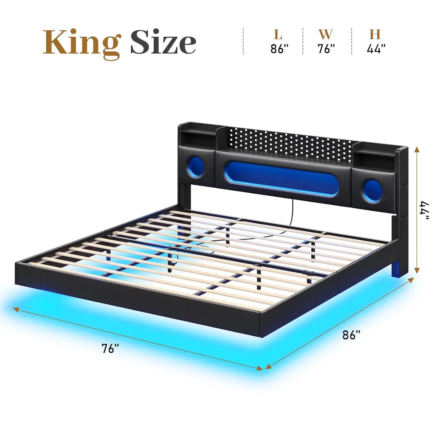 King Floating Bed Frame Storage Headboard LED Light Charging Station Bookcase No Box Spring Noise-Free Black, Customized view 2