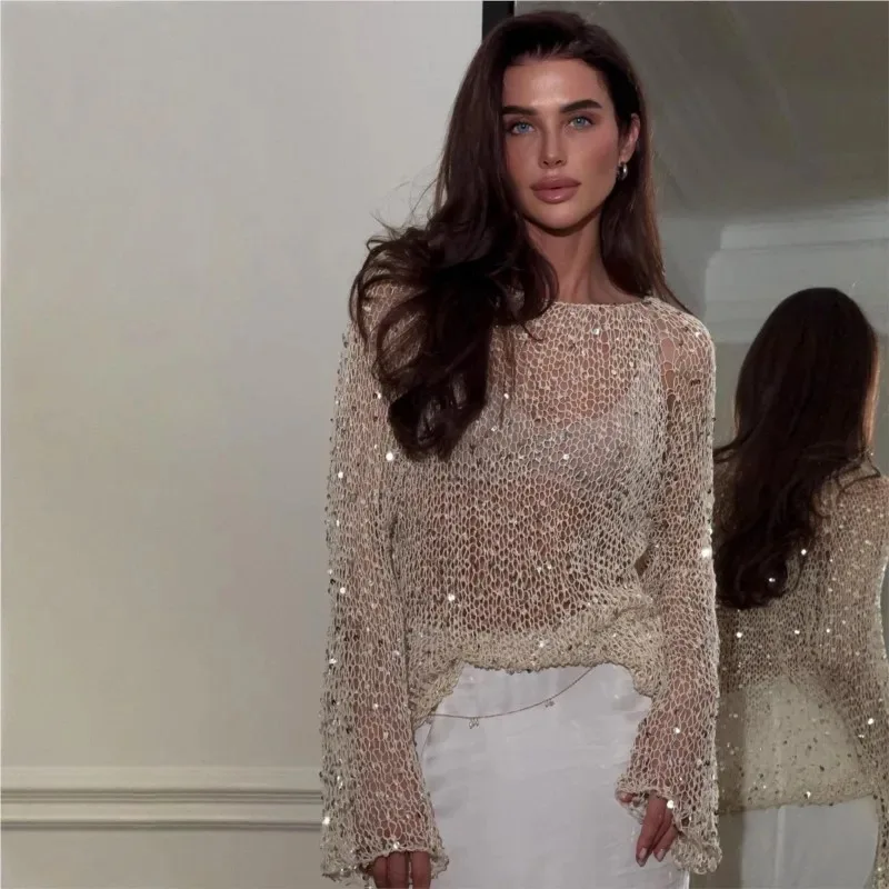

Fashion Sexy See Through Hollow Out Shiny Tops Women Round Neck Loose Sequins Glitter Pullover Hot Chick Chic Sequins Outfits