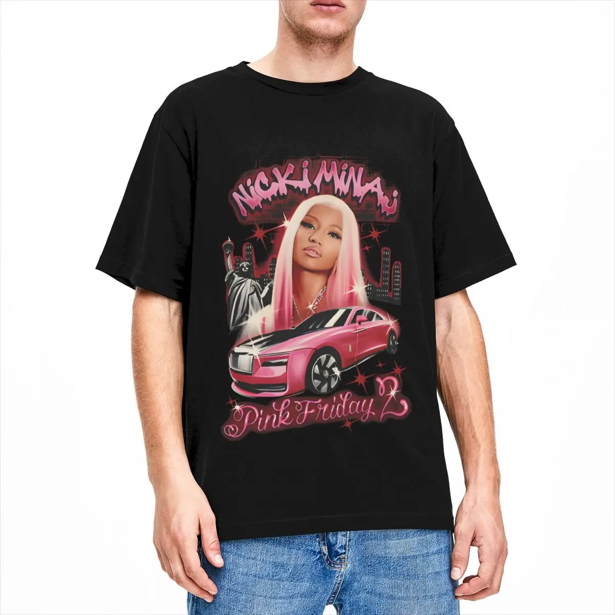 Airbrush Nicki Minaj Men Women's T Shirt 2024 Pink Friday 2 World Tour Merch Vintage Tee Shirt Short Sleeve Crew Neck T-Shirt