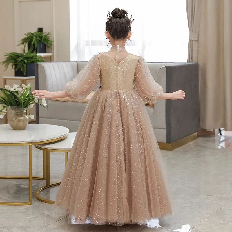 Vestido de noche de princesa con lentejuelas para niña, Vestido largo de primera comunión con flores, vestido de baile para bebé, disfraz elegante y esponjoso, 2024