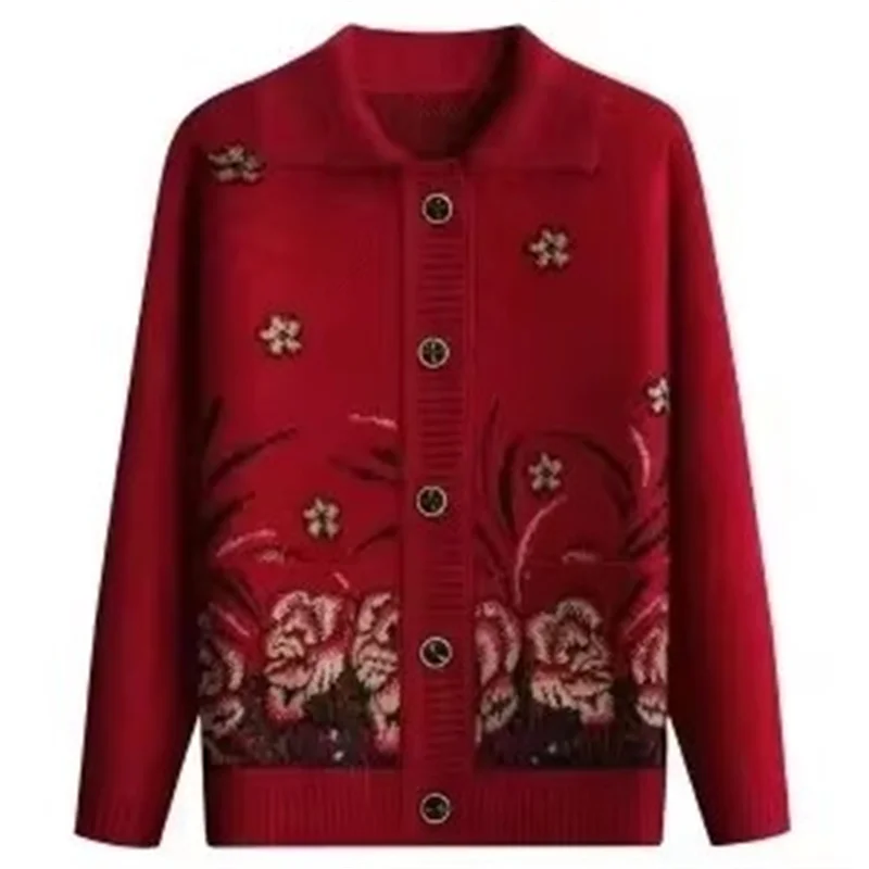 

Elderly Grandma Sweater 2025 New Spring Autumn Knitted Cardigan Sweater Jacket Add Velvet Thicken Winter Women Knitwear Tops
