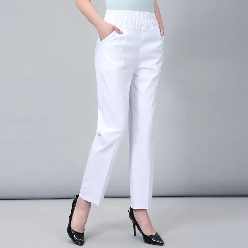 

Middle Aged And Old Women Spring White Pants Thin Elastic Waist Straight Pants Mother Ankle-Length Trousers 5XL V08