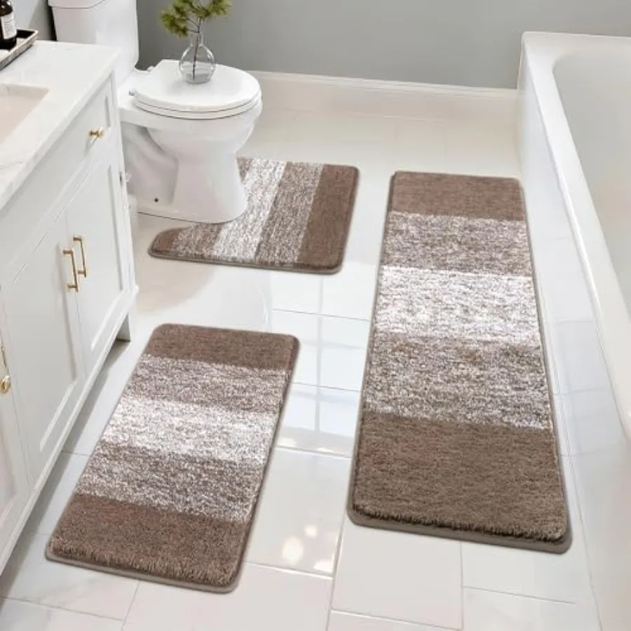 

3 Piece Bath Mat Set Non Slip Plush Bathroom Rugs Absorbent Shaggy Bathroom Rug Set with U-Shaped Contour Toilet Mat Brown 18"x
