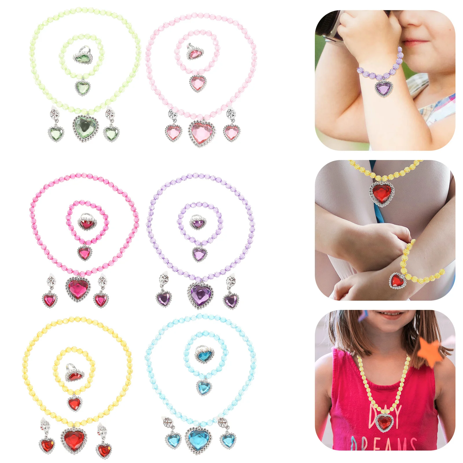 

6 set Girls Jewelry Set Kids Dress Up Costume Jewelry For Toddler Little Girls Birthday Gift Necklace Ring Earrings Playtime