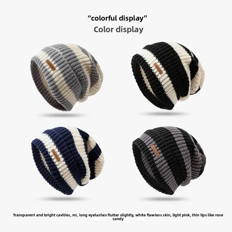 Cozy Winter Style Striped Knitted Loose Letter Wool Beanie Hat for Women Large Head Circumference Versatile Slouchy Cap