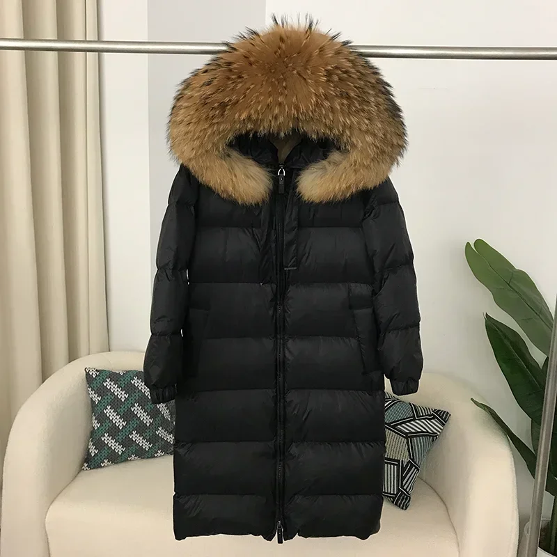 MENINA BONITA 2023 New Long Jacket Real Raccoon Fox Fur Collar Hooded Winter Women White Duck Down  Female Coat Luxury Outerwear