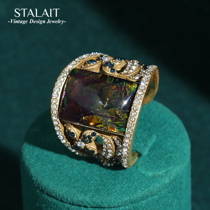 

Vintage Jewellery Stone Rings For Woman Colorful Accessories Natural Rhinestones Party Antique Gold Color Square 2025 Trendy