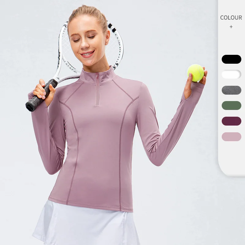 

Tennis Shirt Woman Slim Long Sleeve Zipper Tops Tight T-shirt Breathable Quick Drying Ladies Outdoor Sportswear Tennis Clothes