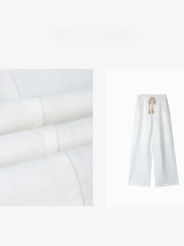 

Han Haax Long Pants Floor-Length Loose Feel Straight Leg High Waist Elastic Waist Pure Color Casual Trousers for Women