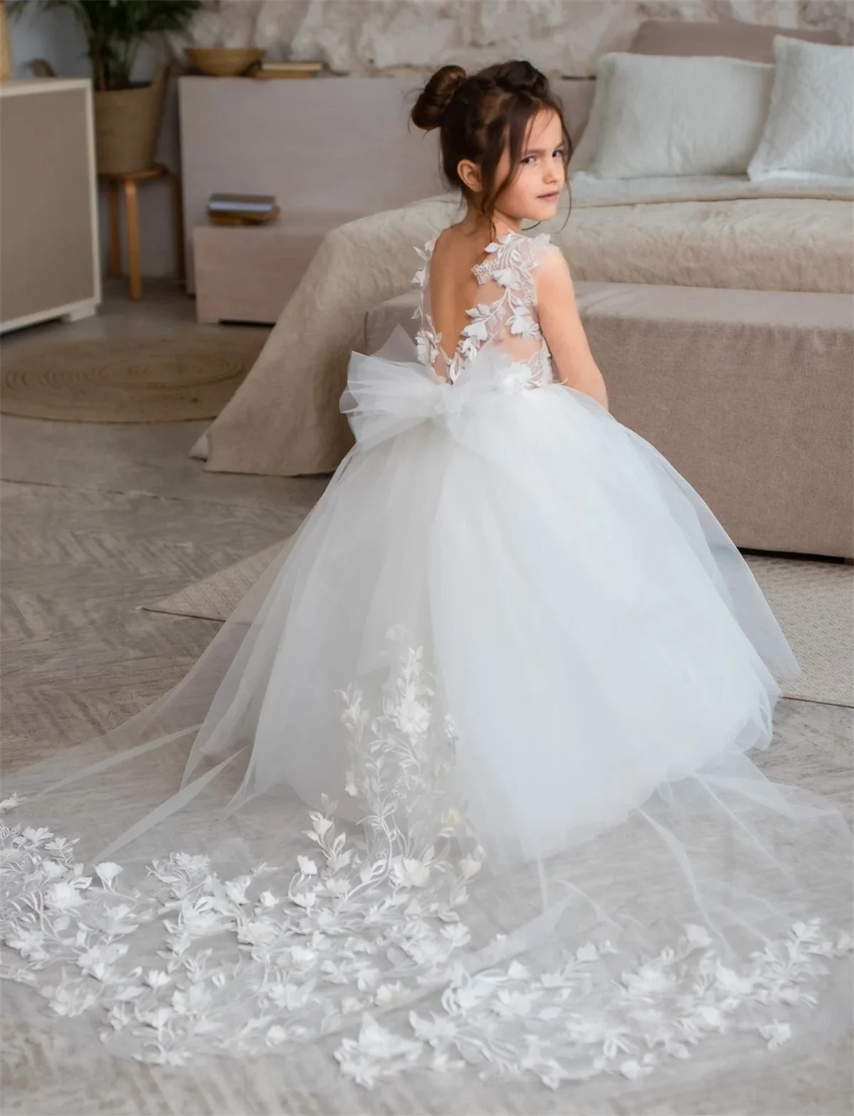 Vestido de niña de flores blanco marfil, tul hinchado, cola desenfundable, pegatina para boda, princesa linda, vestido de cumpleaños de primera comunión para niños