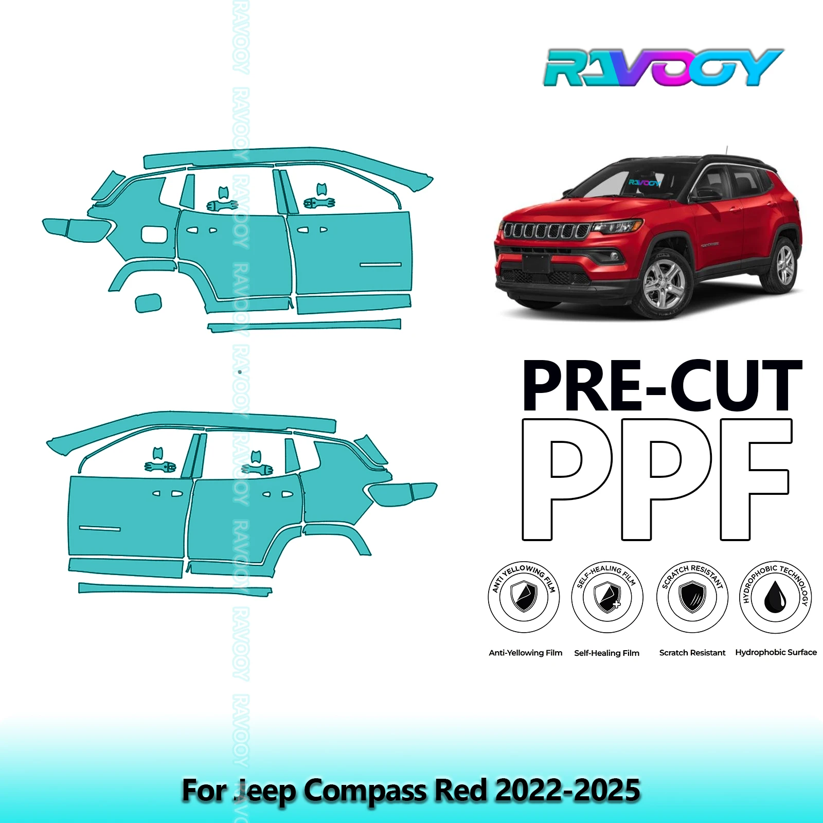 

For Jeep Compass Red 2022-2025 8.5mil Clear Matte Pre-Cut PPF Door & A/B Pillar Kit TPU Paint Protection Film Set