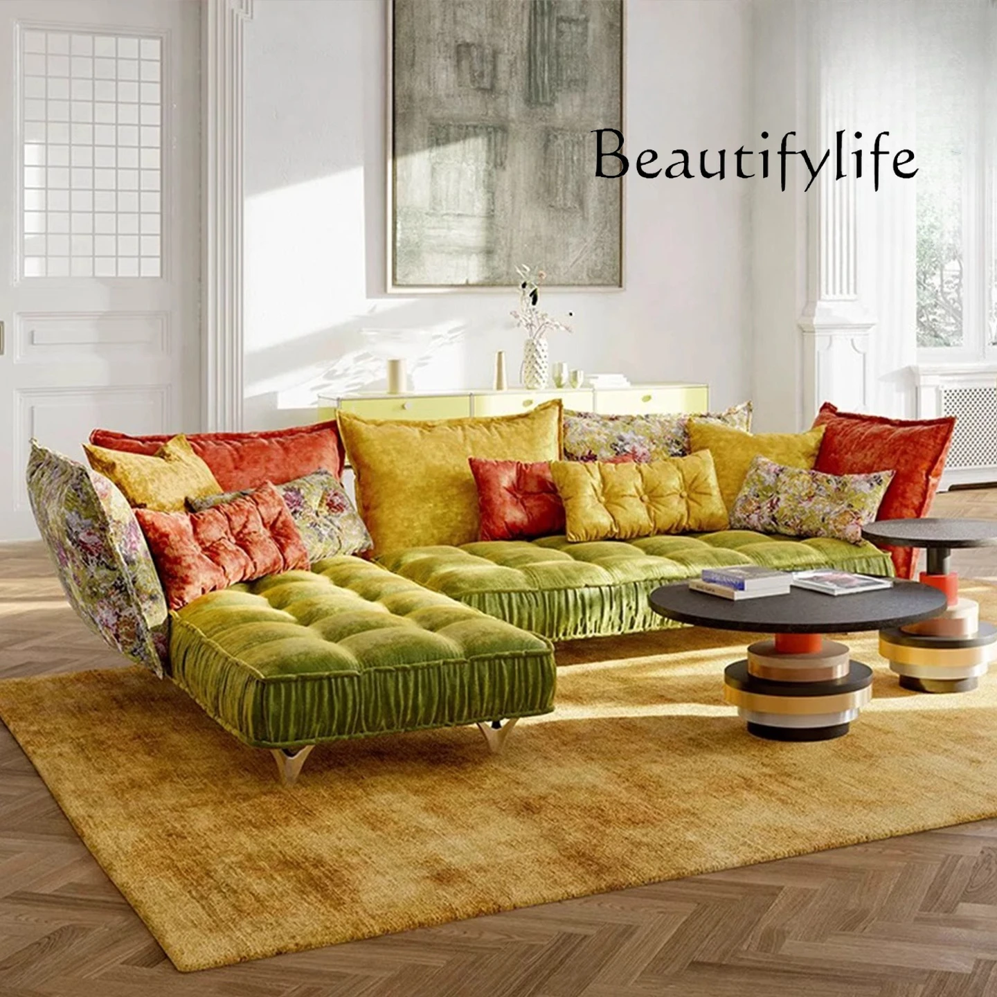 

Итальянский легкий роскошный угловой диван особой формы в стиле ретро для маленькой квартиры, тканевый угловой диван, продвинутый смысл
