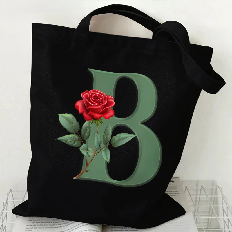 Green Roses A-Z 26 Alphabet Print Bags for Women Canvas Tote Shopping Bag Students Books Shoulder Bag Folding Eco-Friendly