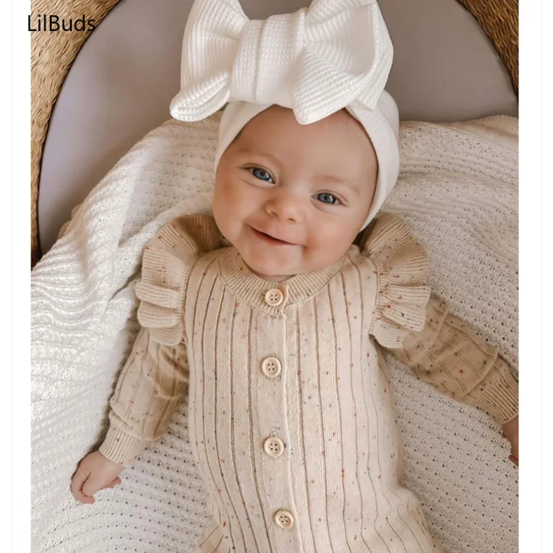 2024Newborn Infant Girls Knit Clothes Baby 0-24M Winter Fall Romper Warm Long Sleeve Ruffle Jumpsuit Soft Kint Outfit Sweater