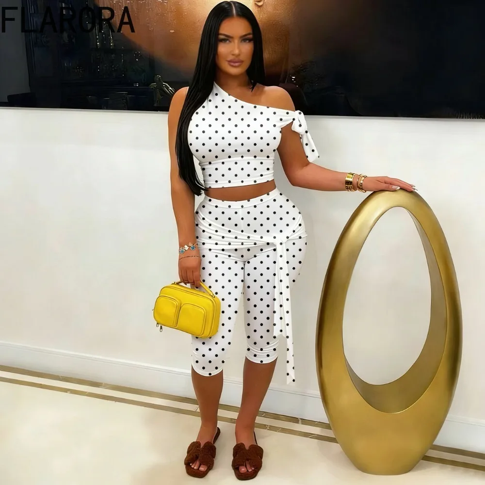 

FLARORA Sexy Polka Dot Print 2 Pieces Set Woman Trend Off Showlder Backless Bandage Crop Top And Pants Female Streetwear Outfits