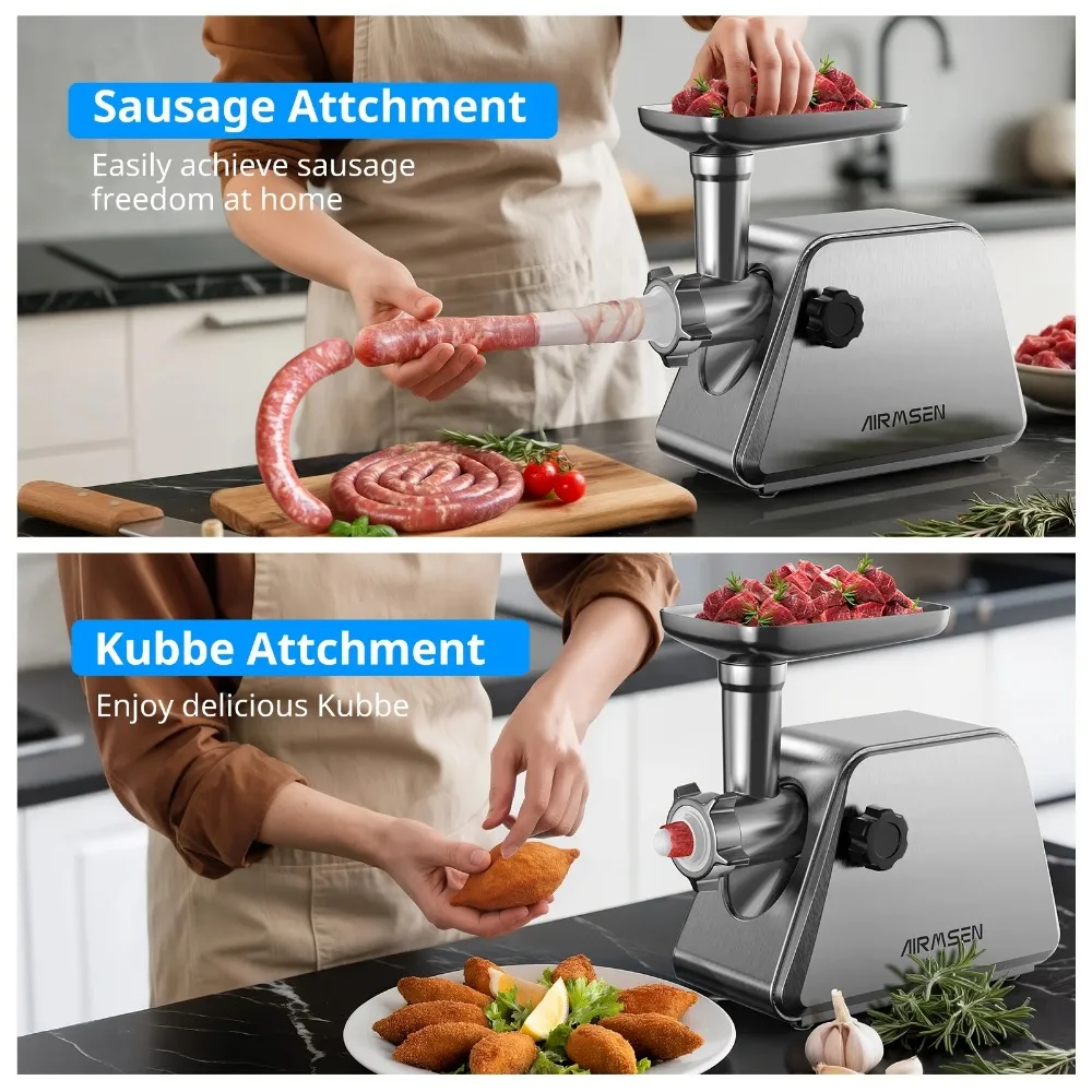 

Stainless Steel Meat Grinder, Electric 3 in 1 Meat Mincer with 2 Blades & 3 Plates, Sausage & Kubbe Maker Kit, Fixed Lock