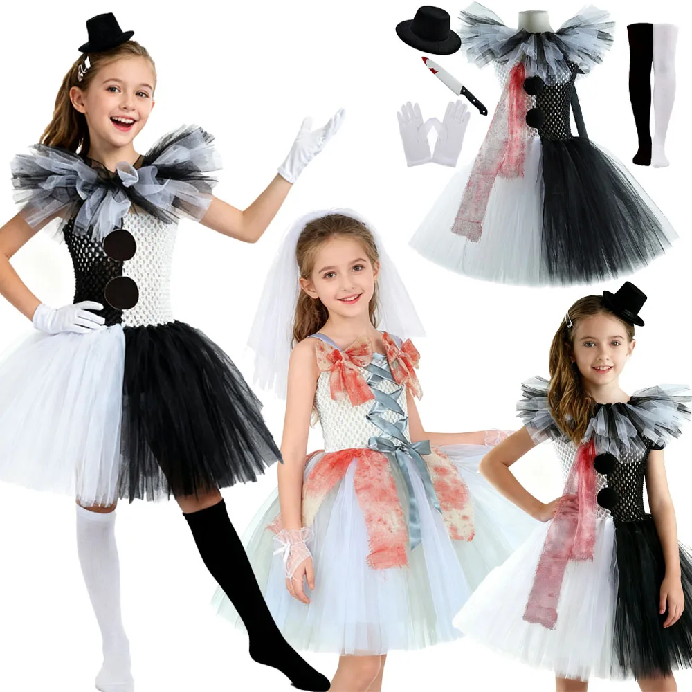 

Terror Clown Costume Kids Black White Dresses For Girls Party Horror Joker Suit Clothes Halloween Carnival Dress Up Costumes
