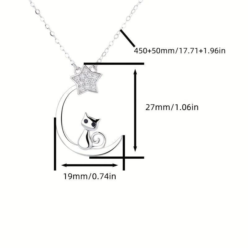 925 Sterling Silver Star Moon Necklace Cute Cat Zircon Pendant Necklace Collarbone Chain