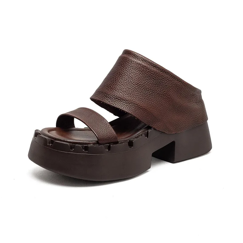

Women Thick High Heel Slippers Summer Luxury Design Retro Style Genuine Leather Chunky Platform Slip On Open Toe Slides