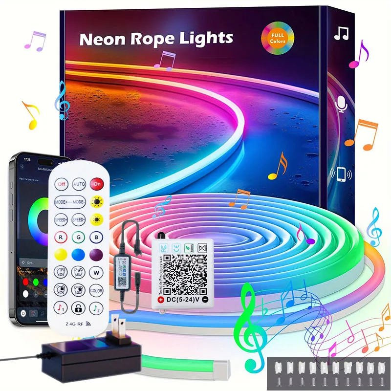 

DC24V Neon LED Strip Lights Bluetooth Neon Rope LED Light with Music Sync RGBIC Dreamcolor Chasing Strip Tape for Room With Plug