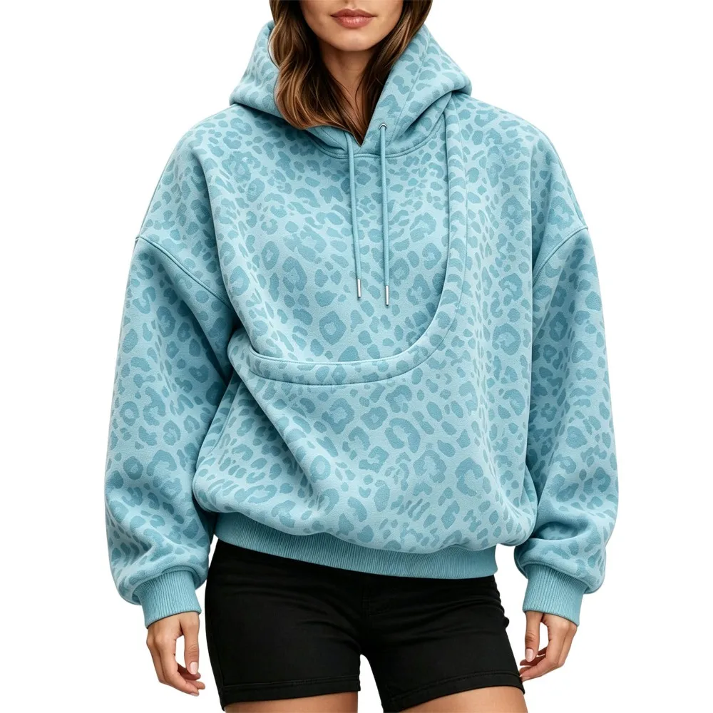 Top Leopard Print Sweatshirt Oversized Drop Shoulder Hoodie Double Layer Hood Kangaroo Pocket Pet Pouch Sweatshirt Female