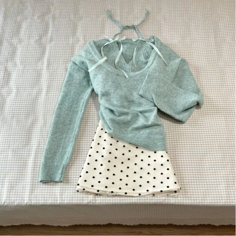 

Autumn Winter Elegant 3 Piece Set Woman Green Casual Vert + Loose Sweater + Y2k E-girls Dot Mini Skirt Japanese Style Suit