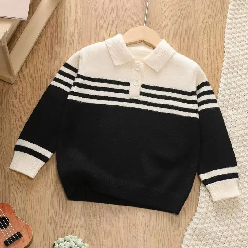 New Autumn And Winter Striped Contrasting Pullover Sweater Children's Baby Polo Shirt Top Stylish Knit Sweater