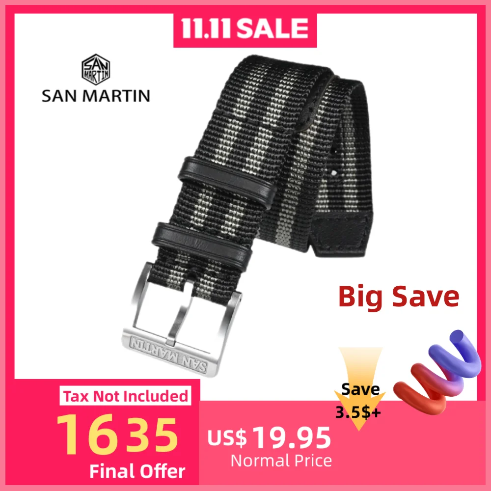 

San Martin 20mm High Density Premium Nylon Watchband For Watch With Lug Width Solid Steel Pin Buckle Retro Leather Loops SN0105