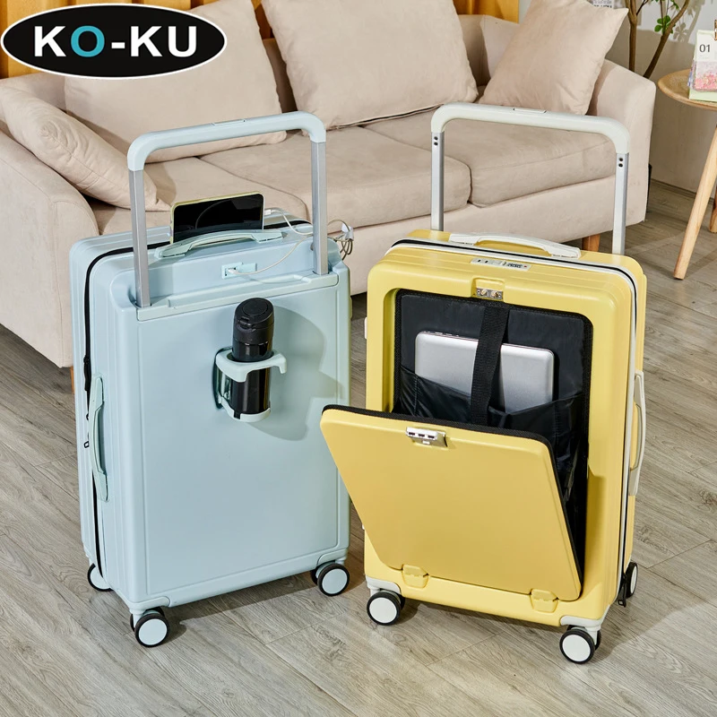 KO-KU Multifunctional Suitcase Pop-up Front Opening Wide Trolley Case 20Inch Boarding Box with USB Port Water Cup Holder Luggage