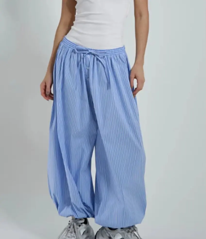 

WXOY Women Striped Wide Leg Baggy Pants Loose Fit Elastic Waist Lightweight Drawstring Casual Street Style Trousers
